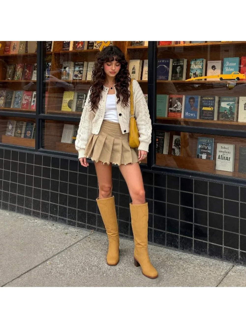 Women's Yellow Chunky Block Heel Square Toe Faux Leather Long Knee High Boots